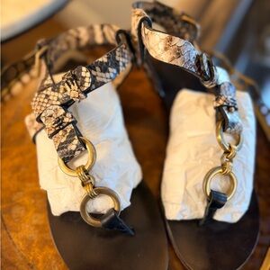 Giuseppe Zanotti Black and Tan Snake-Print T-Strap Sandals with Brass Rings